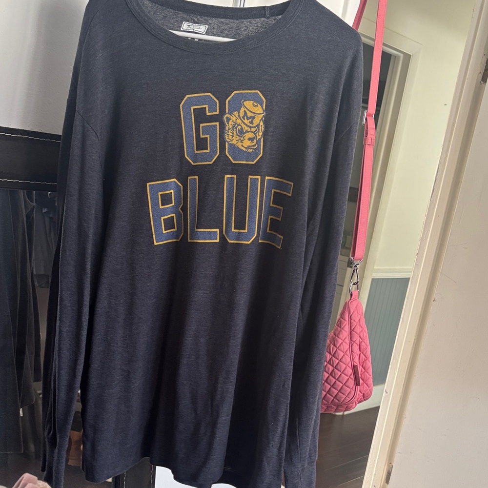 American Eagle Outfitters Charcoal Long Sleeve Tee with Blue and Gold Graphic